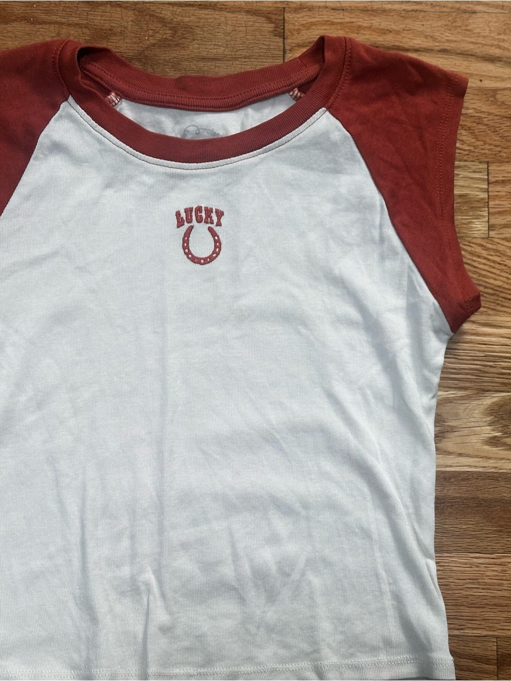 Lucky Brand White Tee with Rust Raglan Sleeves